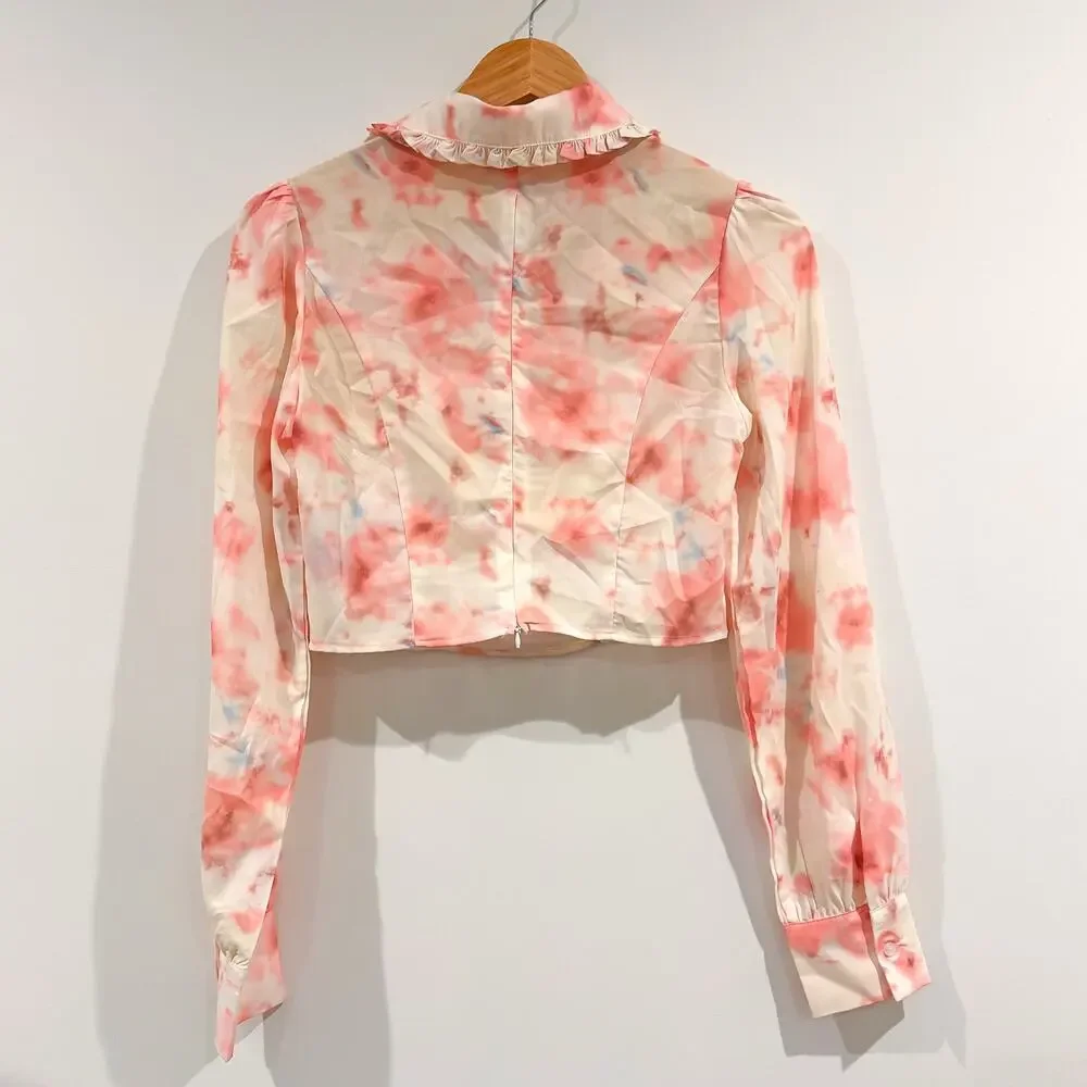 CIDER Watercolor Floral Cropped Blouse Ruffle Tie Neck Long Sleeve Small - Picture 3 of 4